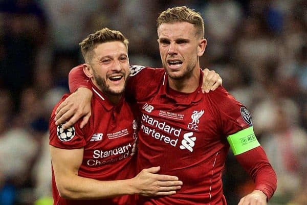 MADRID, SPAIN - SATURDAY, JUNE 1, 2019: Liverpool's captain Jordan Henderson (R) and Adam Lallana celebrate emotionally after the UEFA Champions League Final match between Tottenham Hotspur FC and Liverpool FC at the Estadio Metropolitano. Liverpool won 2-0 to win their sixth European Cup. (Pic by David Rawcliffe/Propaganda)