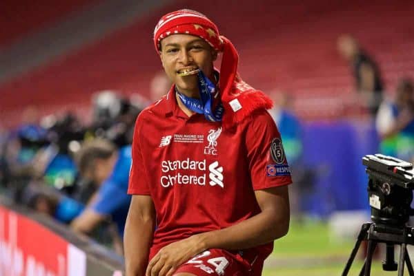 MADRID, SPAIN - SATURDAY, JUNE 1, 2019: Liverpool's Rhian Brewster bites his winners' medal after the UEFA Champions League Final match between Tottenham Hotspur FC and Liverpool FC at the Estadio Metropolitano. Liverpool won 2-0 tp win their sixth European Cup. (Pic by David Rawcliffe/Propaganda)