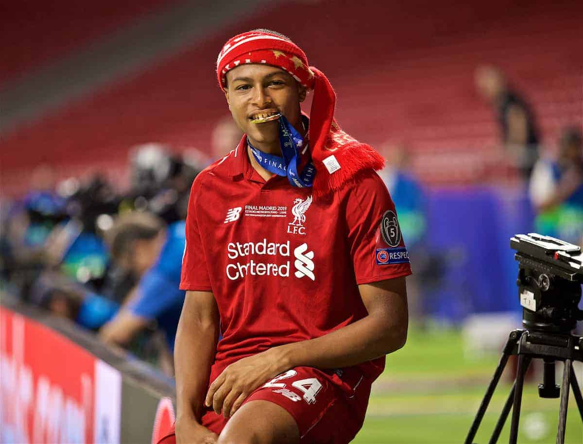 MADRID, SPAIN - SATURDAY, JUNE 1, 2019: Liverpool's Rhian Brewster bites his winners' medal after the UEFA Champions League Final match between Tottenham Hotspur FC and Liverpool FC at the Estadio Metropolitano. Liverpool won 2-0 tp win their sixth European Cup. (Pic by David Rawcliffe/Propaganda)