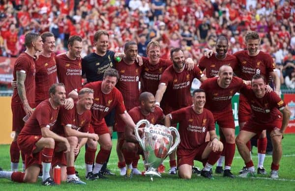 HONG KONG, CHINA - Saturday, June 8, 2019: Liverpool Legends pose with a European Cup with the number six on after an exhibition match between Liverpool FC Legends and Borussia Dortmund Legends at the Hong Kong Stadium. (Pic by Jayne Russell/Propaganda)