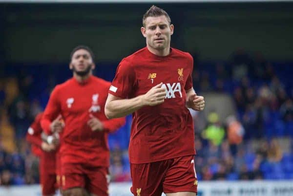 BIRKENHEAD, ENGLAND - Thursday, July 11, 2019: Liverpool's James Milner during the pre-match warm-up before a pre-season friendly match between Tranmere Rovers FC and Liverpool FC at Prenton Park. (Pic by David Rawcliffe/Propaganda)