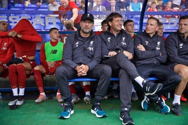 BIRKENHEAD, ENGLAND - Thursday, July 11, 2019: Liverpool's manager Jürgen Klopp (L) and assistant manager Peter Krawietz before a pre-season friendly match between Tranmere Rovers FC and Liverpool FC at Prenton Park. (Pic by David Rawcliffe/Propaganda)