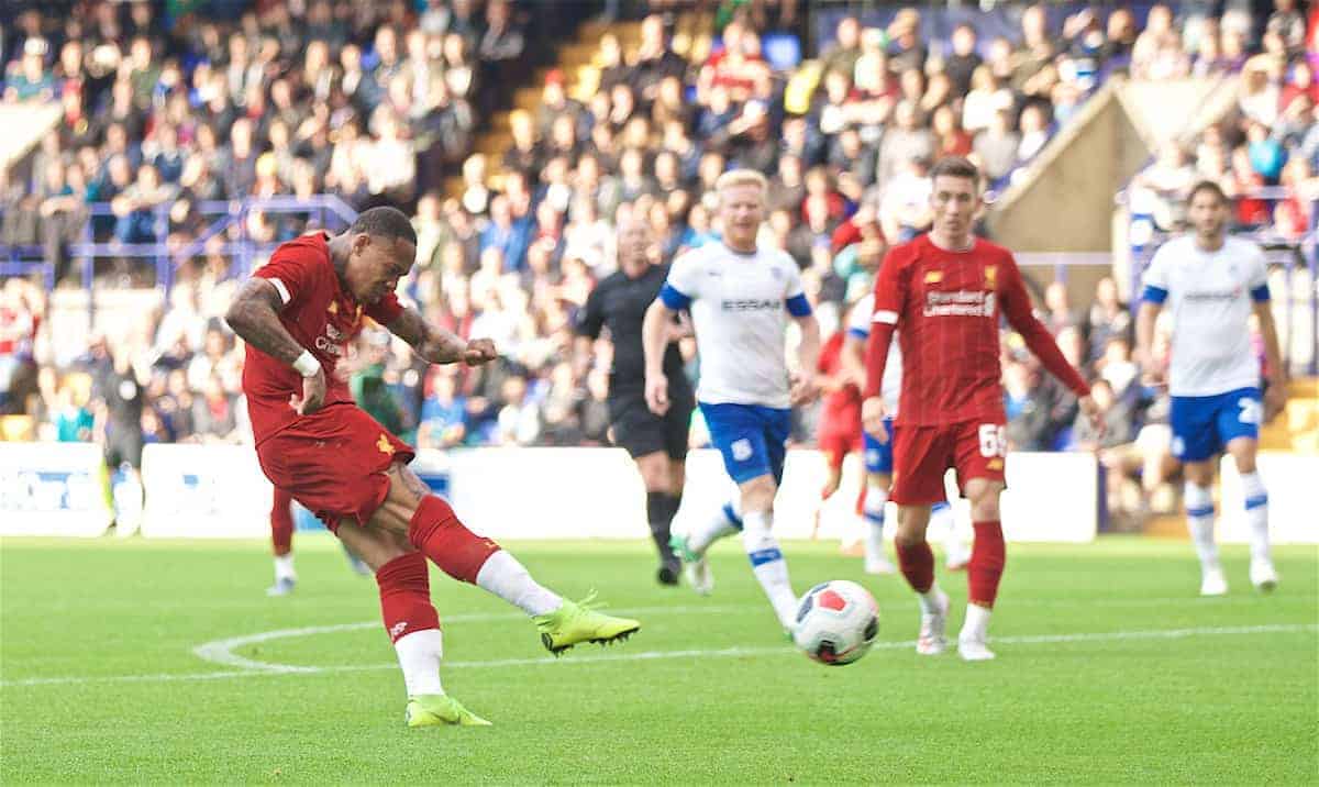 BIRKENHEAD, ENGLAND - Thursday, July 11, 2019: Liverpool's Nathaniel Clyne scores the second goal during a pre-season friendly match between Tranmere Rovers FC and Liverpool FC at Prenton Park. (Pic by David Rawcliffe/Propaganda)