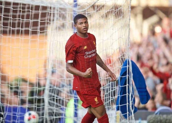 BIRKENHEAD, ENGLAND - Thursday, July 11, 2019: Liverpool's Rhian Brewster celebrates scoring the third goal during a pre-season friendly match between Tranmere Rovers FC and Liverpool FC at Prenton Park. (Pic by David Rawcliffe/Propaganda)