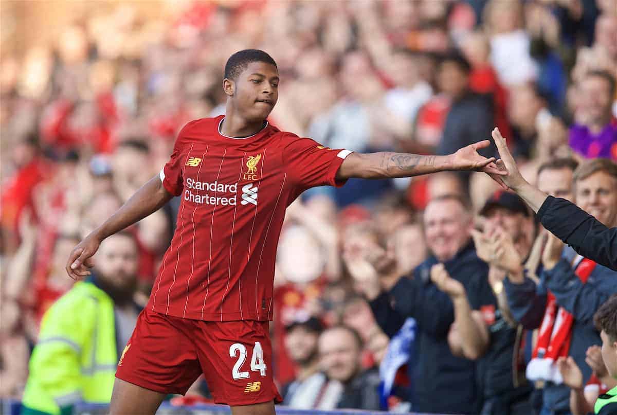 BIRKENHEAD, ENGLAND - Thursday, July 11, 2019: Liverpool's Rhian Brewster celebrates scoring the third goal during a pre-season friendly match between Tranmere Rovers FC and Liverpool FC at Prenton Park. (Pic by David Rawcliffe/Propaganda)