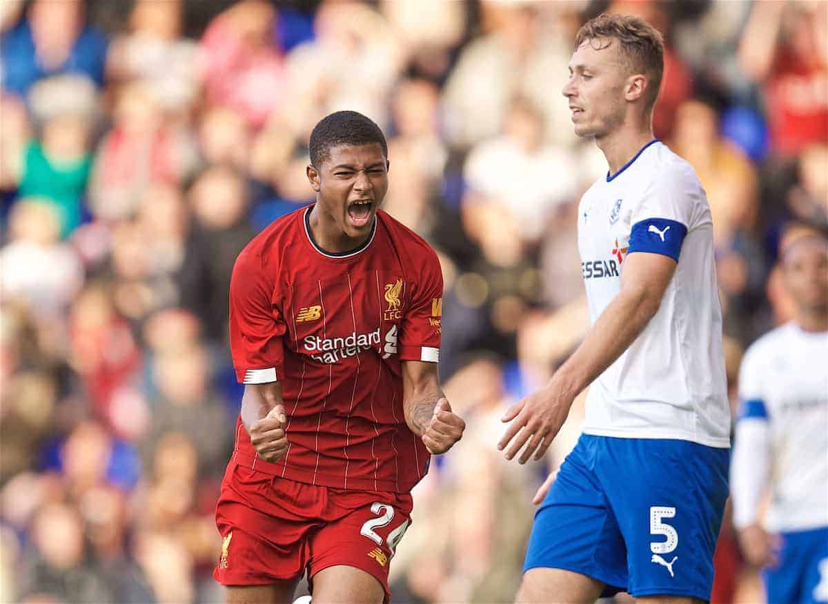 BIRKENHEAD, ENGLAND - Thursday, July 11, 2019: Liverpool's Rhian Brewster celebrates scoring the second goal during a pre-season friendly match between Tranmere Rovers FC and Liverpool FC at Prenton Park. (Pic by David Rawcliffe/Propaganda)