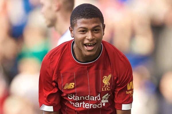 BIRKENHEAD, ENGLAND - Thursday, July 11, 2019: Liverpool's Rhian Brewster celebrates scoring the second goal during a pre-season friendly match between Tranmere Rovers FC and Liverpool FC at Prenton Park. (Pic by David Rawcliffe/Propaganda)