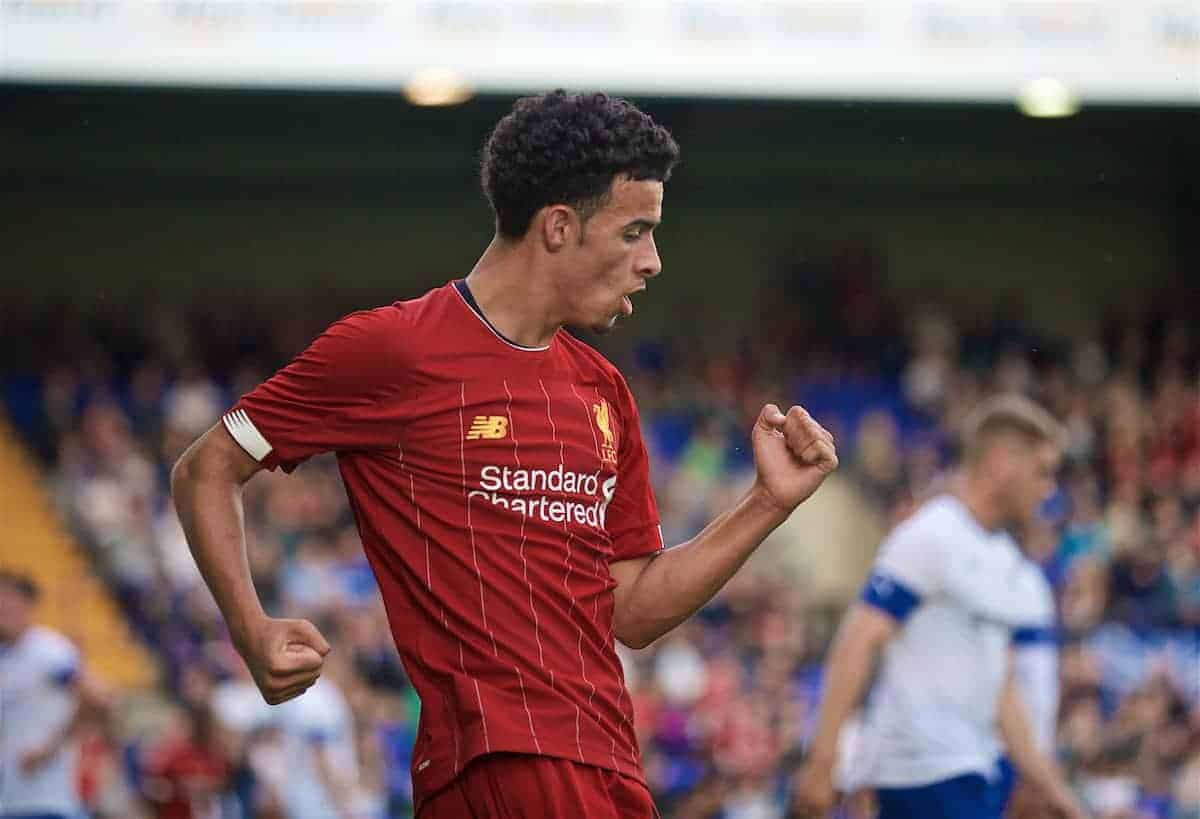 BIRKENHEAD, ENGLAND - Thursday, July 11, 2019: Liverpool's Curtis Jones celebrates scoring the fourth goal during a pre-season friendly match between Tranmere Rovers FC and Liverpool FC at Prenton Park. (Pic by David Rawcliffe/Propaganda)