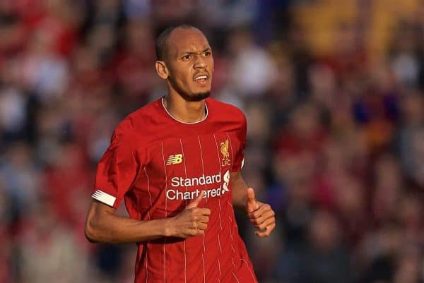 BIRKENHEAD, ENGLAND - Thursday, July 11, 2019: Liverpool's Fabio Henrique Tavares 'Fabinho' during a pre-season friendly match between Tranmere Rovers FC and Liverpool FC at Prenton Park. (Pic by David Rawcliffe/Propaganda)