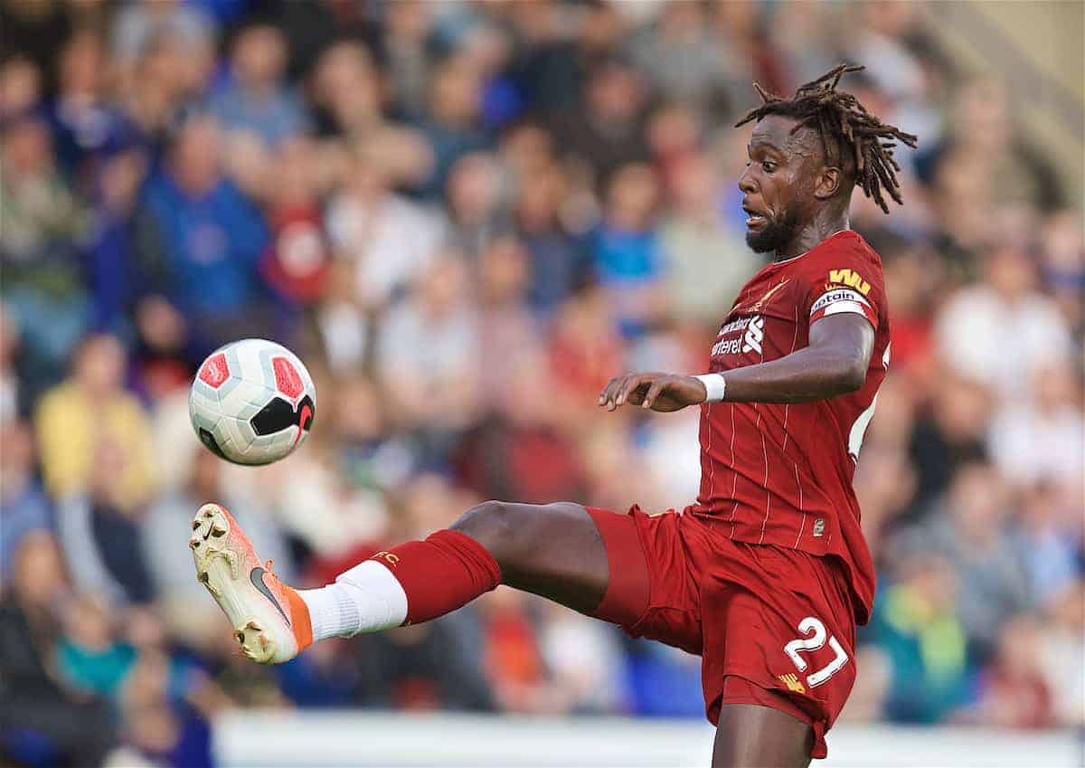 BIRKENHEAD, ENGLAND - Thursday, July 11, 2019: Liverpool's Divock Origi on his way to scoring the fifth goal during a pre-season friendly match between Tranmere Rovers FC and Liverpool FC at Prenton Park. (Pic by David Rawcliffe/Propaganda)