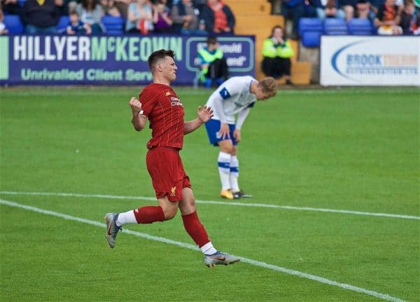 BIRKENHEAD, ENGLAND - Thursday, July 11, 2019: Liverpool's Bobby Duncan celebrates scoring the sixth goal during a pre-season friendly match between Tranmere Rovers FC and Liverpool FC at Prenton Park. (Pic by David Rawcliffe/Propaganda)