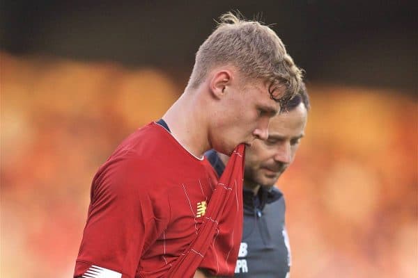 BIRKENHEAD, ENGLAND - Thursday, July 11, 2019: Liverpool's Paul Glatzel goes off injured during a pre-season friendly match between Tranmere Rovers FC and Liverpool FC at Prenton Park. (Pic by David Rawcliffe/Propaganda)