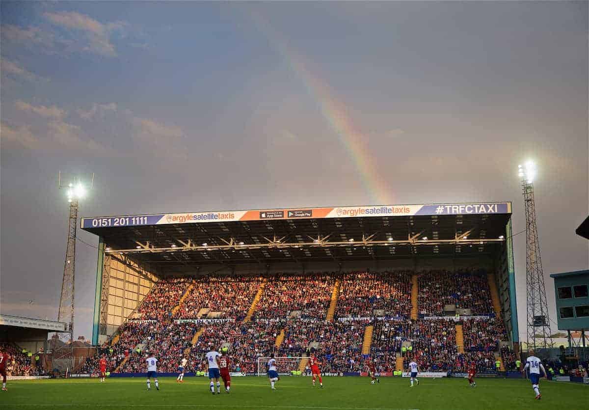 BIRKENHEAD, ENGLAND - Thursday, July 11, 2019: A rainbow emerges over the Kop stand during a pre-season friendly match between Tranmere Rovers FC and Liverpool FC at Prenton Park. (Pic by David Rawcliffe/Propaganda)