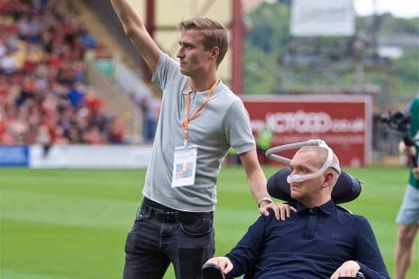 BRADFORD, ENGLAND - Saturday, July 13, 2019: Liverpool's Stephen Derby and Rimmer of the The Darby Rimmer MND Foundation before a pre-season friendly match between Bradford City AFC and Liverpool FC at Valley Parade. (Pic by David Rawcliffe/Propaganda)