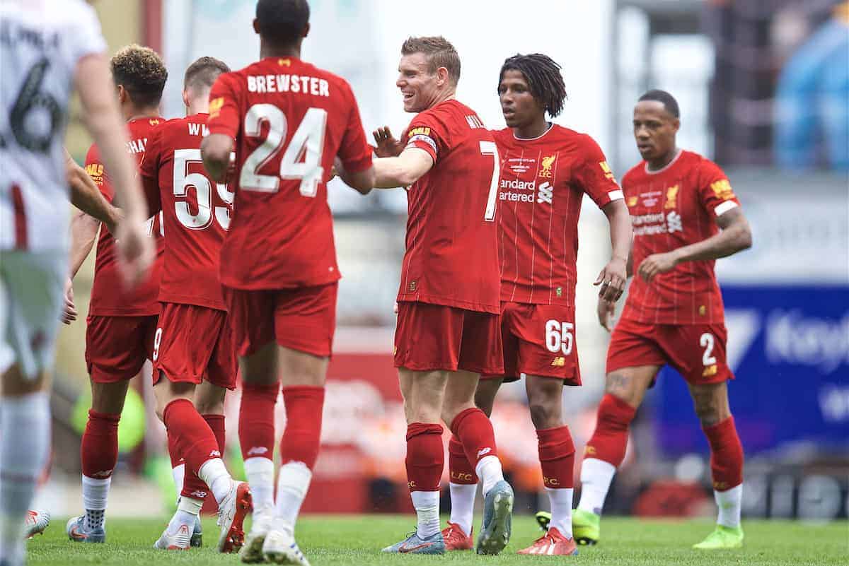 BRADFORD, ENGLAND - Saturday, July 13, 2019: Liverpool's James Milner celebrates scoring the first goal during a pre-season friendly match between Bradford City AFC and Liverpool FC at Valley Parade. (Pic by David Rawcliffe/Propaganda)