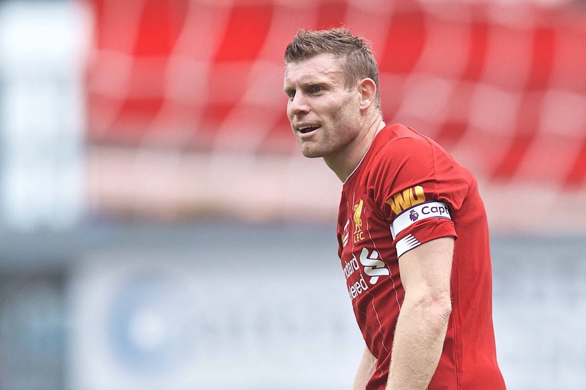 BRADFORD, ENGLAND - Saturday, July 13, 2019: Liverpool's James Milner celebrates scoring the first goal during a pre-season friendly match between Bradford City AFC and Liverpool FC at Valley Parade. (Pic by David Rawcliffe/Propaganda)