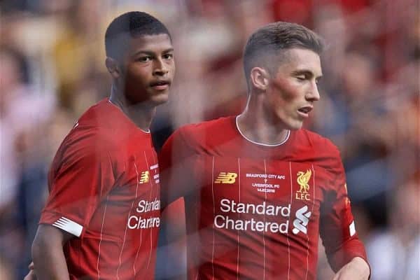 BRADFORD, ENGLAND - Saturday, July 13, 2019: Liverpool's Rhian Brewster (L) celebrates scoring the third goal with team-mate Harry Wilson during a pre-season friendly match between Bradford City AFC and Liverpool FC at Valley Parade. (Pic by David Rawcliffe/Propaganda)