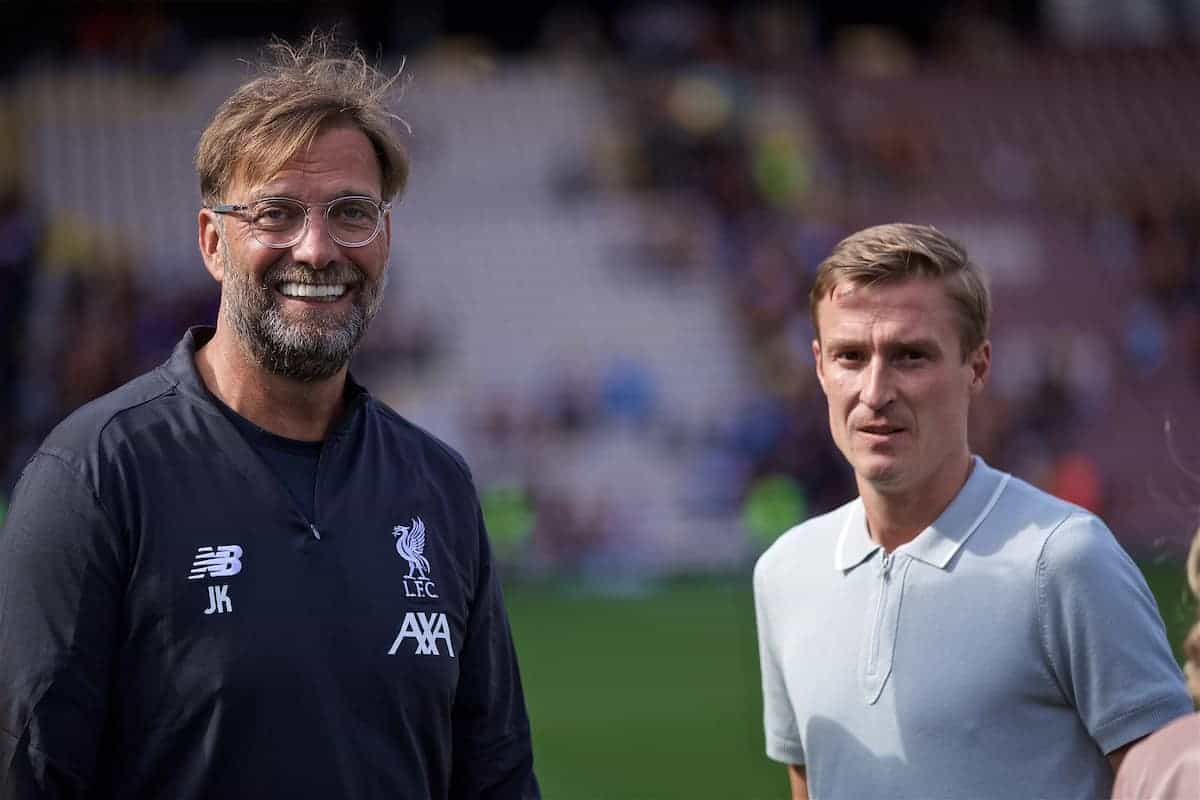 BRADFORD, ENGLAND - Saturday, July 13, 2019: Liverpool's manager Jürgen Klopp and Stephen Darby after a pre-season friendly match between Bradford City AFC and Liverpool FC at Valley Parade. (Pic by David Rawcliffe/Propaganda)