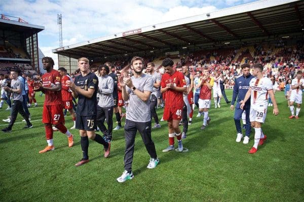 BRADFORD, ENGLAND - Saturday, July 13, 2019: Liverpool's Divock Origi, goalkeeper Daniel Atherton and Adam Lallana during a lap of honour after a pre-season friendly match between Bradford City AFC and Liverpool FC at Valley Parade. (Pic by David Rawcliffe/Propaganda)