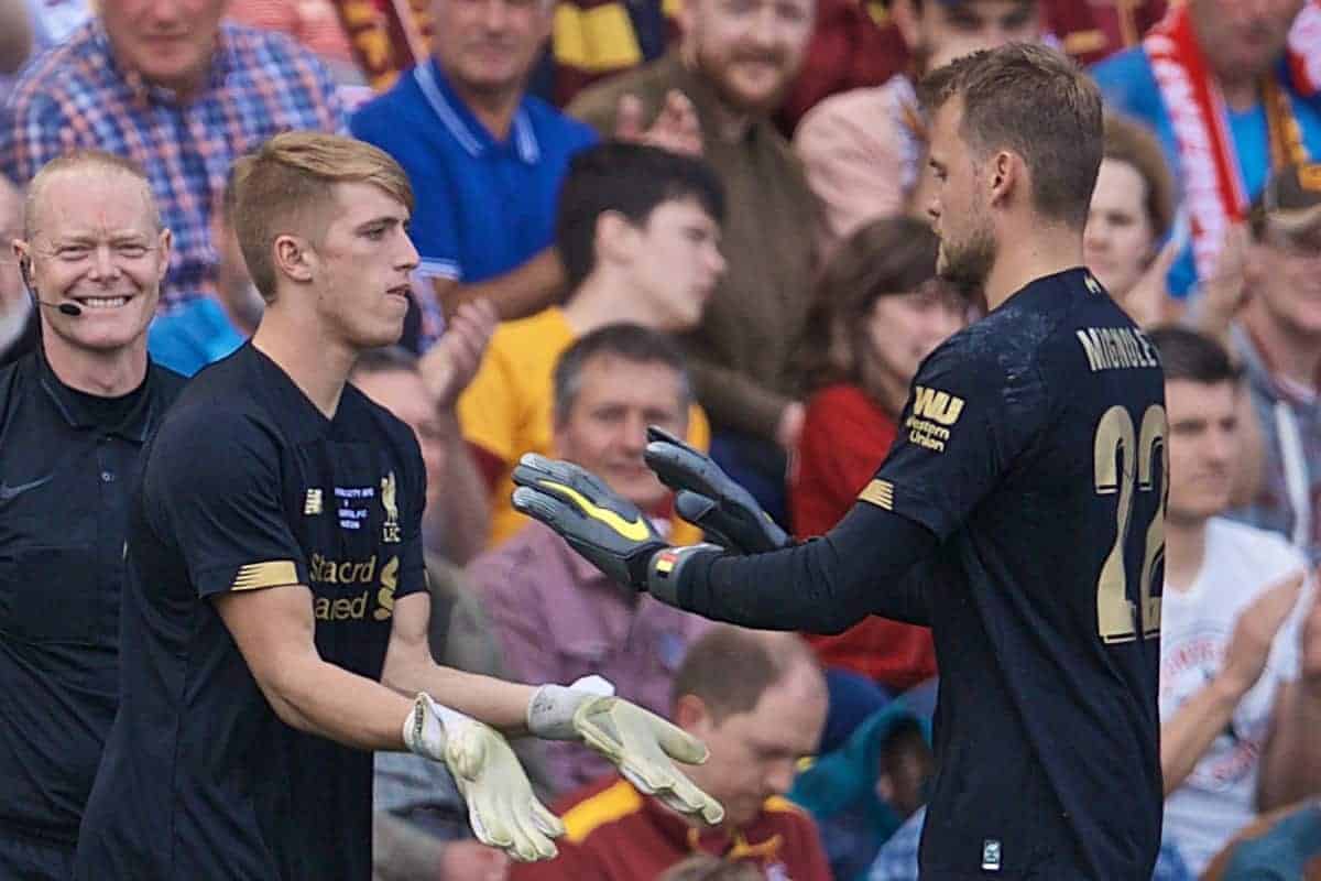 BRADFORD, ENGLAND - Saturday, July 13, 2019: Liverpool's goalkeeper Simon Mignolet is replaced by substitute goalkeeper Daniel Atherton during a pre-season friendly match between Bradford City AFC and Liverpool FC at Valley Parade. (Pic by David Rawcliffe/Propaganda)