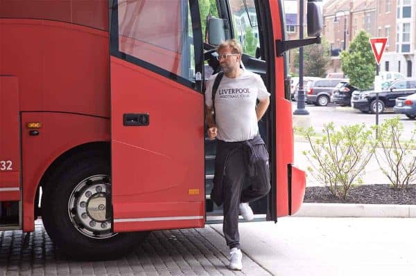 SOUTH BEND, INDIANA, USA - Tuesday, July 16, 2019: Liverpool's manager Jürgen Klopp steps off the team bus arrives at the team hotel in South Bend at the start of the club's pre-season tour of America. (Pic by David Rawcliffe/Propaganda)