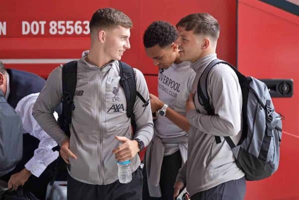 SOUTH BEND, INDIANA, USA - Tuesday, July 16, 2019: Liverpool's Ben Woodburn (L) and Bobby Duncan arrive at the team hotel in South Bend at the start of the club's pre-season tour of America. (Pic by David Rawcliffe/Propaganda)