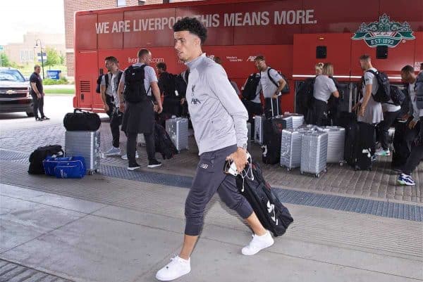 SOUTH BEND, INDIANA, USA - Tuesday, July 16, 2019: Liverpool's Curtis Jones arrives at the team hotel in South Bend at the start of the club's pre-season tour of America. (Pic by David Rawcliffe/Propaganda)