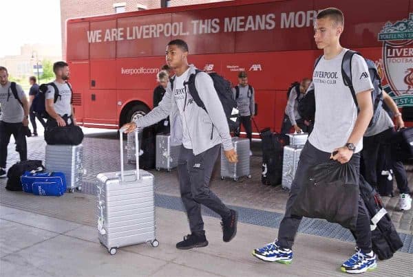 SOUTH BEND, INDIANA, USA - Tuesday, July 16, 2019: Liverpool's Rhian Brewster (L) and goalkeeper Jakub Ojrzynski arrive at the team hotel in South Bend at the start of the club's pre-season tour of America. (Pic by David Rawcliffe/Propaganda)