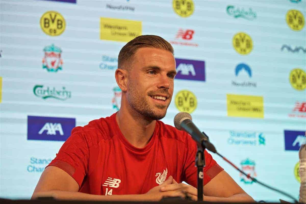 SOUTH BEND, INDIANA, USA - Thursday, July 18, 2019: Liverpool's captain Jordan Henderson during a press conference ahead of the friendly match against Borussia Dortmund at the Notre Dame Stadium on day three of the club's pre-season tour of America. (Pic by David Rawcliffe/Propaganda)