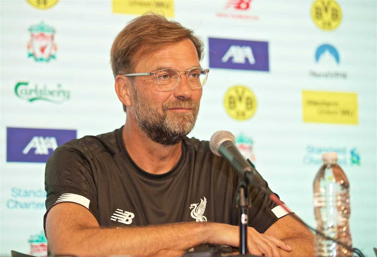 SOUTH BEND, INDIANA, USA - Thursday, July 18, 2019: Liverpool's manager Jürgen Klopp during a press conference ahead of the friendly match against Borussia Dortmund at the Notre Dame Stadium on day three of the club's pre-season tour of America. (Pic by David Rawcliffe/Propaganda)