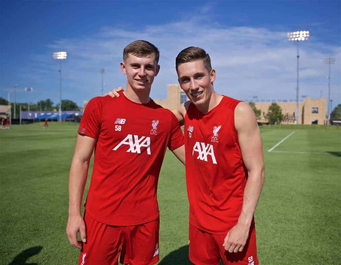 SOUTH BEND, INDIANA, USA - Thursday, July 18, 2019: Liverpool's Welsh duo Ben Woodburn (L) and Harry Wilson pose for a photograph after a training session ahead of the friendly match against Borussia Dortmund at the Notre Dame Stadium on day three of the club's pre-season tour of America. (Pic by David Rawcliffe/Propaganda)