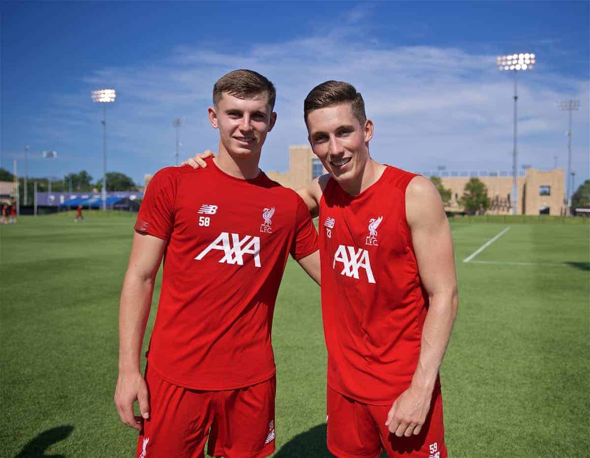 SOUTH BEND, INDIANA, USA - Thursday, July 18, 2019: Liverpool's Welsh duo Ben Woodburn (L) and Harry Wilson pose for a photograph after a training session ahead of the friendly match against Borussia Dortmund at the Notre Dame Stadium on day three of the club's pre-season tour of America. (Pic by David Rawcliffe/Propaganda)