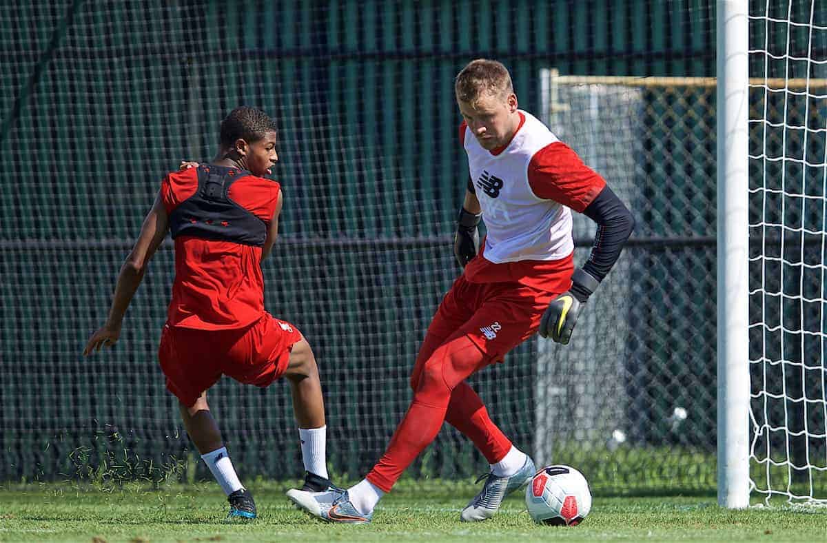 SOUTH BEND, INDIANA, USA - Thursday, July 18, 2019: Liverpool's Rhian Brewster and goalkeeper Simon Mignolet during a training session ahead of the friendly match against Borussia Dortmund at the Notre Dame Stadium on day three of the club's pre-season tour of America. (Pic by David Rawcliffe/Propaganda)