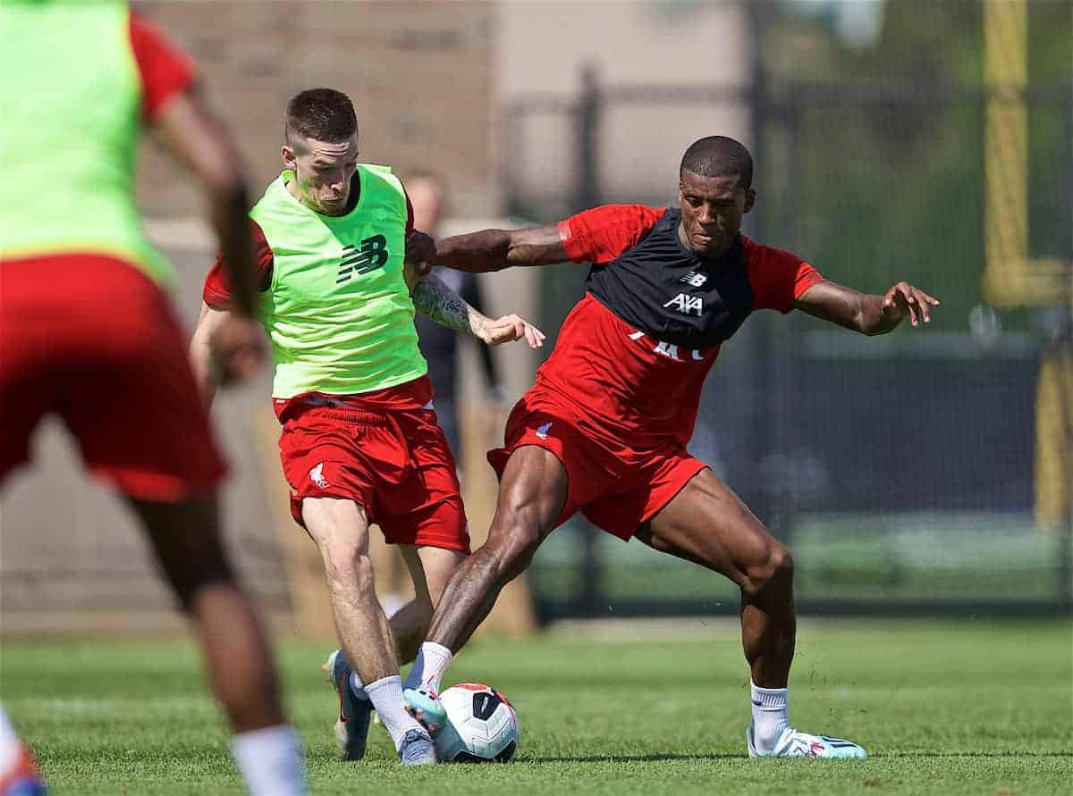 SOUTH BEND, INDIANA, USA - Thursday, July 18, 2019: Liverpool's Georginio Wijnaldum (R) tackles Ryan Kent during a training session ahead of the friendly match against Borussia Dortmund at the Notre Dame Stadium on day three of the club's pre-season tour of America. (Pic by David Rawcliffe/Propaganda)