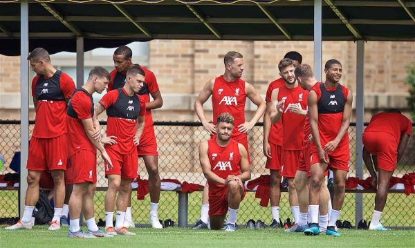 SOUTH BEND, INDIANA, USA - Thursday, July 18, 2019: Liverpool players during a training session ahead of the friendly match against Borussia Dortmund at the Notre Dame Stadium on day three of the club's pre-season tour of America. Bobby Duncan, Adam Lewis, Alex Oxlade-Chamberlain, captain Jordan Henderson, Adam Lallana and Rhian Brewster. (Pic by David Rawcliffe/Propaganda)