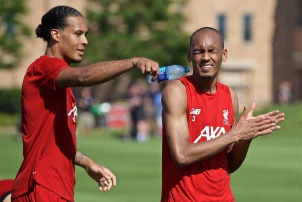 SOUTH BEND, INDIANA, USA - Thursday, July 18, 2019: Liverpool's Virgil van Dijk (L) pours cold water down the back of Fabio Henrique Tavares 'Fabinho' after a training session ahead of the friendly match against Borussia Dortmund at the Notre Dame Stadium on day three of the club's pre-season tour of America. (Pic by David Rawcliffe/Propaganda)