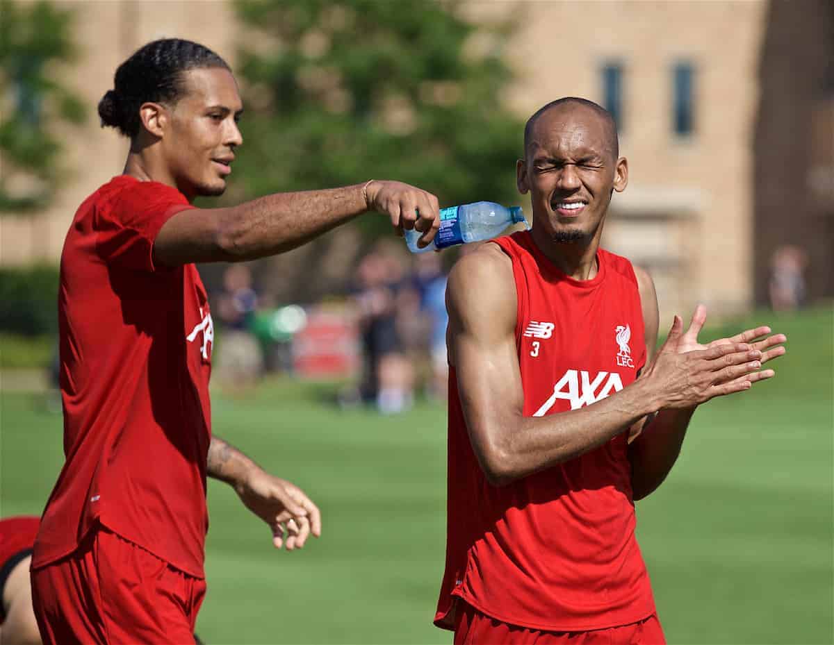 SOUTH BEND, INDIANA, USA - Thursday, July 18, 2019: Liverpool's Virgil van Dijk (L) pours cold water down the back of Fabio Henrique Tavares 'Fabinho' after a training session ahead of the friendly match against Borussia Dortmund at the Notre Dame Stadium on day three of the club's pre-season tour of America. (Pic by David Rawcliffe/Propaganda)