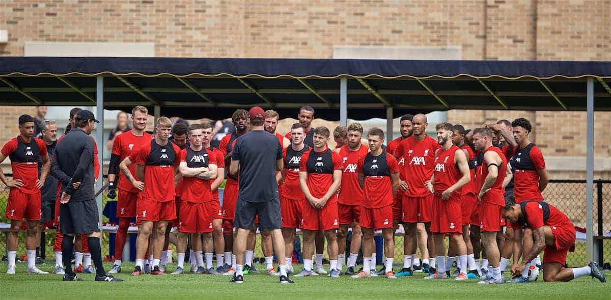 SOUTH BEND, INDIANA, USA - Thursday, July 18, 2019: Liverpool's manager Jürgen Klopp (C) speaks to his squad before a training session ahead of the friendly match against Borussia Dortmund at the Notre Dame Stadium on day three of the club's pre-season tour of America. (Pic by David Rawcliffe/Propaganda)