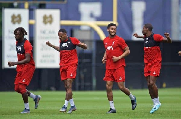 SOUTH BEND, INDIANA, USA - Thursday, July 18, 2019: Liverpool's Divock Origi, Nathaniel Clyne, Joe Gomez and Georginio Wijnaldum during a training session ahead of the friendly match against Borussia Dortmund at the Notre Dame Stadium on day three of the club's pre-season tour of America. (Pic by David Rawcliffe/Propaganda)