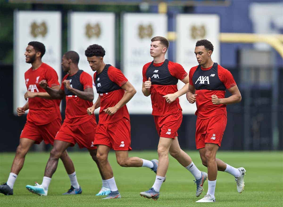 SOUTH BEND, INDIANA, USA - Thursday, July 18, 2019: Liverpool's Curtis Jones, Ben Woodburn and Trent Alexander-Arnold during a training session ahead of the friendly match against Borussia Dortmund at the Notre Dame Stadium on day three of the club's pre-season tour of America. (Pic by David Rawcliffe/Propaganda)