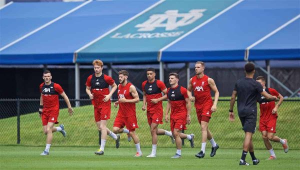 SOUTH BEND, INDIANA, USA - Thursday, July 18, 2019: Liverpool players during a training session ahead of the friendly match against Borussia Dortmund at the Notre Dame Stadium on day three of the club's pre-season tour of America. Andy Robertson, Sepp van den Berg, Adam Lallana, Ki-Jana Hoever, Bobby Duncan, captain Jordan Henderson. (Pic by David Rawcliffe/Propaganda)