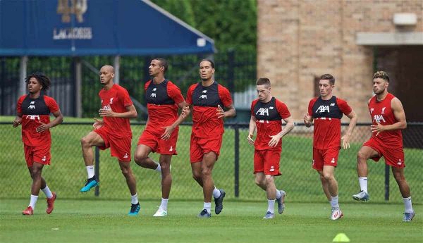 SOUTH BEND, INDIANA, USA - Thursday, July 18, 2019: Liverpool players during a training session ahead of the friendly match against Borussia Dortmund at the Notre Dame Stadium on day three of the club's pre-season tour of America. Yasser Larouci, Fabio Henrique Tavares 'Fabinho', Joel Matip, Virgil van Dijk, Ryan Kent, Harry Wilson and Alex Oxlade-Chamberlain. (Pic by David Rawcliffe/Propaganda)