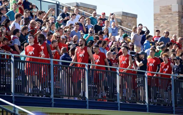 SOUTH BEND, INDIANA, USA - Thursday, July 18, 2019: Liverpool players go into the stands for a group photograph with supporter after a training session ahead of the friendly match against Borussia Dortmund at the Notre Dame Stadium on day three of the club's pre-season tour of America. Andy Robertson, Divock Origi, Nathaniel Phillips, Ki-Jana Hoever, Curtis Jones. (Pic by David Rawcliffe/Propaganda)