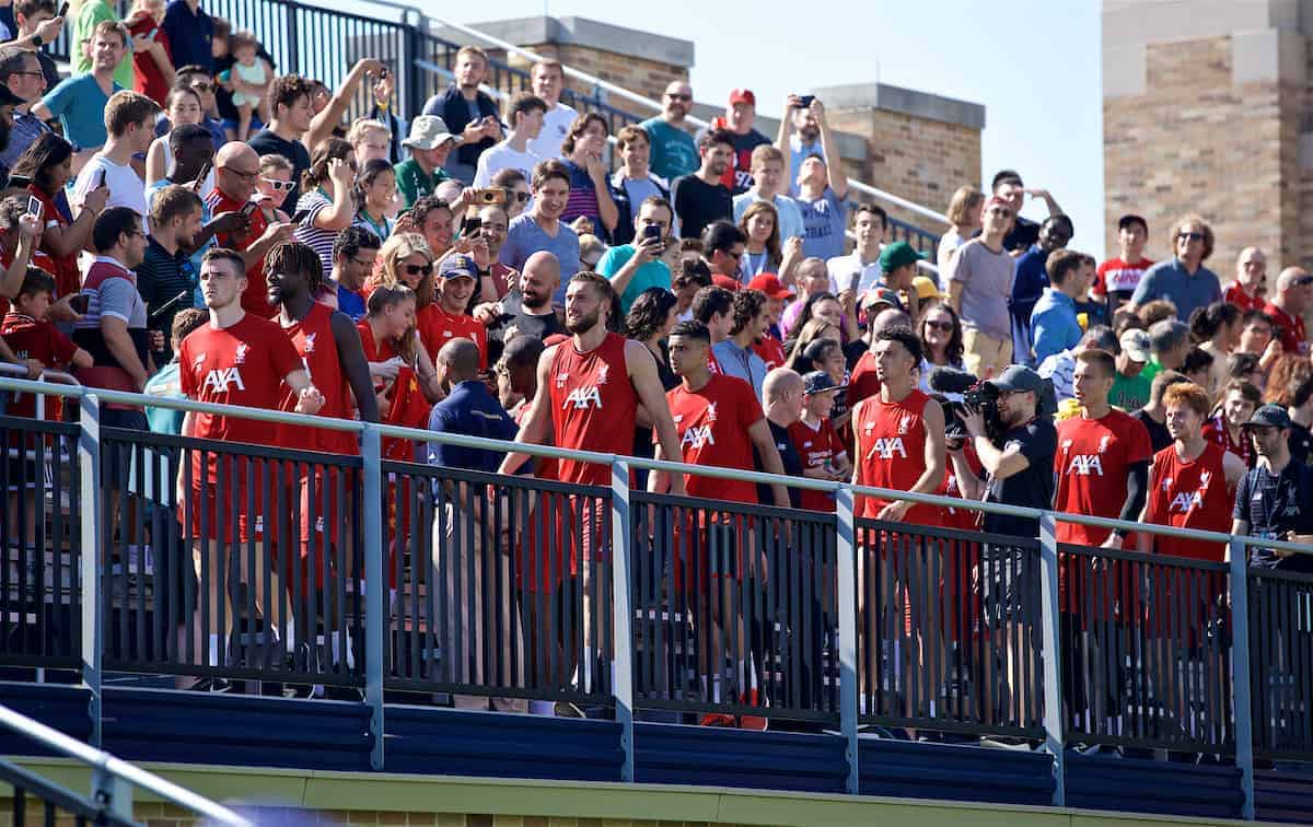 SOUTH BEND, INDIANA, USA - Thursday, July 18, 2019: Liverpool players go into the stands for a group photograph with supporter after a training session ahead of the friendly match against Borussia Dortmund at the Notre Dame Stadium on day three of the club's pre-season tour of America. Andy Robertson, Divock Origi, Nathaniel Phillips, Ki-Jana Hoever, Curtis Jones. (Pic by David Rawcliffe/Propaganda)
