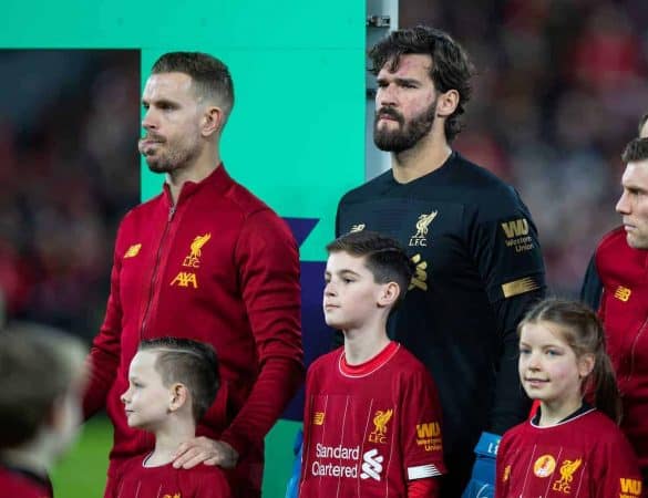 LIVERPOOL, ENGLAND - Thursday, January 2, 2020: Liverpool's captain Jordan Henderson (L) and goalkeeper Alisson Becker line-up before the FA Premier League match between Liverpool FC and Sheffield United FC at Anfield. (Pic by David Rawcliffe/Propaganda)