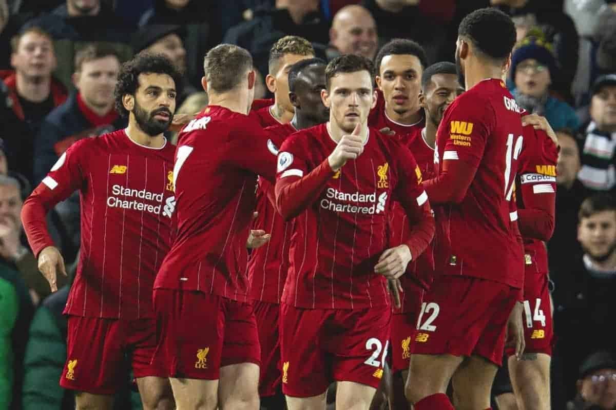 LIVERPOOL, ENGLAND - Thursday, January 2, 2020: Liverpool's Mohamed Salah (L) celebrates scoring the first goal with team-mates during the FA Premier League match between Liverpool FC and Sheffield United FC at Anfield. (Pic by David Rawcliffe/Propaganda)