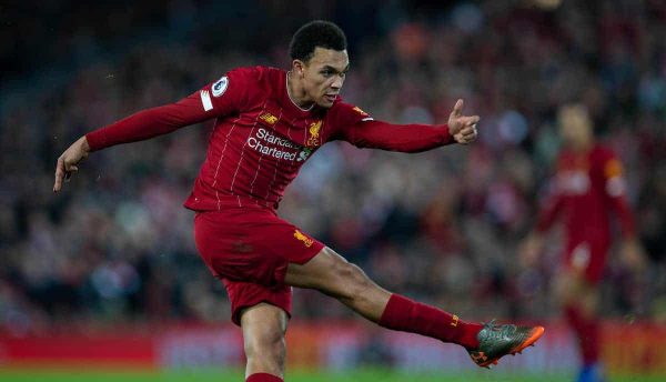 LIVERPOOL, ENGLAND - Thursday, January 2, 2020: Liverpool's Trent Alexander-Arnold during the FA Premier League match between Liverpool FC and Sheffield United FC at Anfield. (Pic by David Rawcliffe/Propaganda)