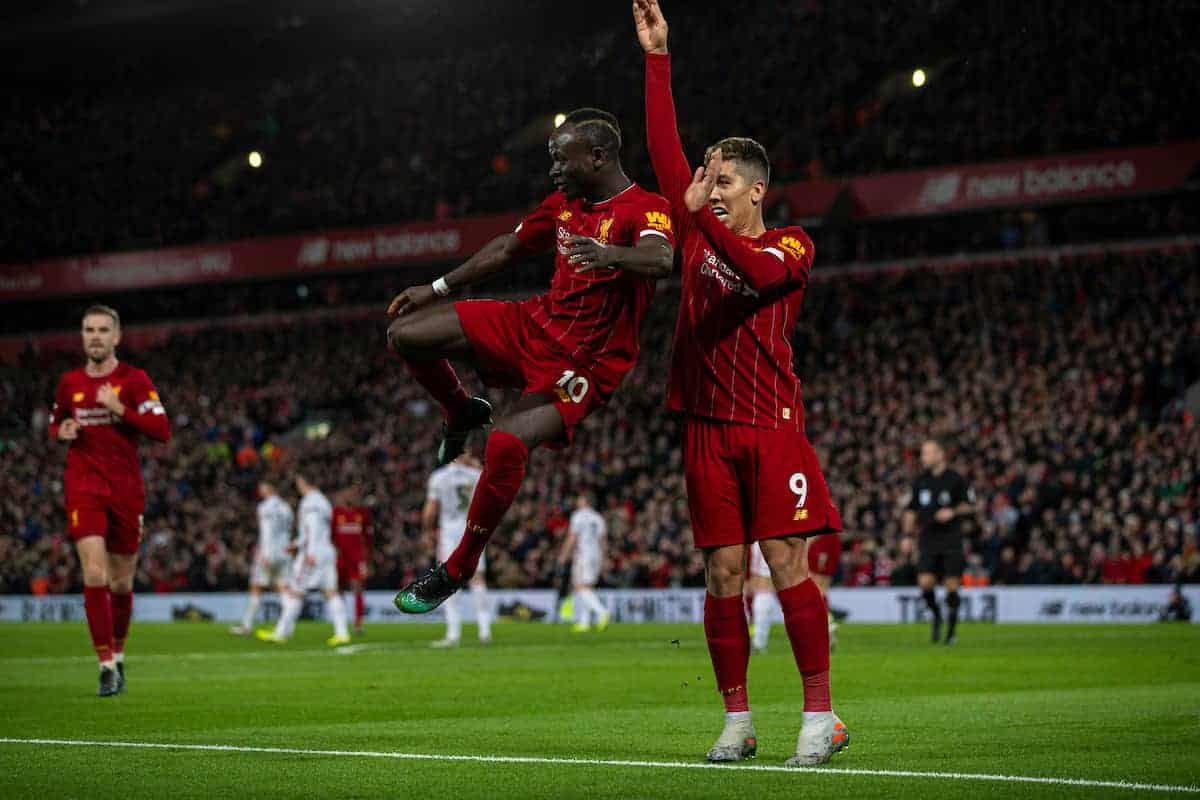 LIVERPOOL, ENGLAND - Thursday, January 2, 2020: Liverpool's Sadio Mané (L) celebrates scoring the second goal with team-mate Roberto Firmino during the FA Premier League match between Liverpool FC and Sheffield United FC at Anfield. Liverpool won 2-0. (Pic by David Rawcliffe/Propaganda)