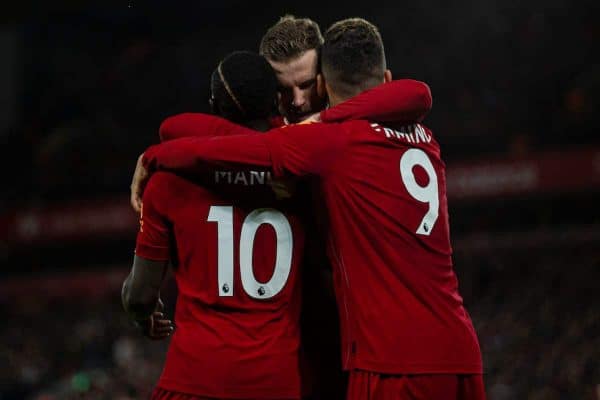 LIVERPOOL, ENGLAND - Thursday, January 2, 2020: Liverpool's Sadio Mané (L) celebrates scoring the second goal with team-mates captain Jordan Henderson (C) and Roberto Firmino during the FA Premier League match between Liverpool FC and Sheffield United FC at Anfield. Liverpool won 2-0. (Pic by David Rawcliffe/Propaganda)