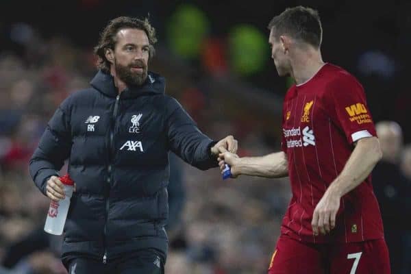 LIVERPOOL, ENGLAND - Thursday, January 2, 2020: Liverpool's head of fitness and conditioning Andreas Kornmayer hands an energy gel to James Milner during the FA Premier League match between Liverpool FC and Sheffield United FC at Anfield. (Pic by David Rawcliffe/Propaganda)